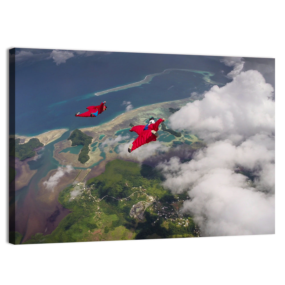 Wingsuit Duo Over Palau Coast Wall Art, canvas print, landscape