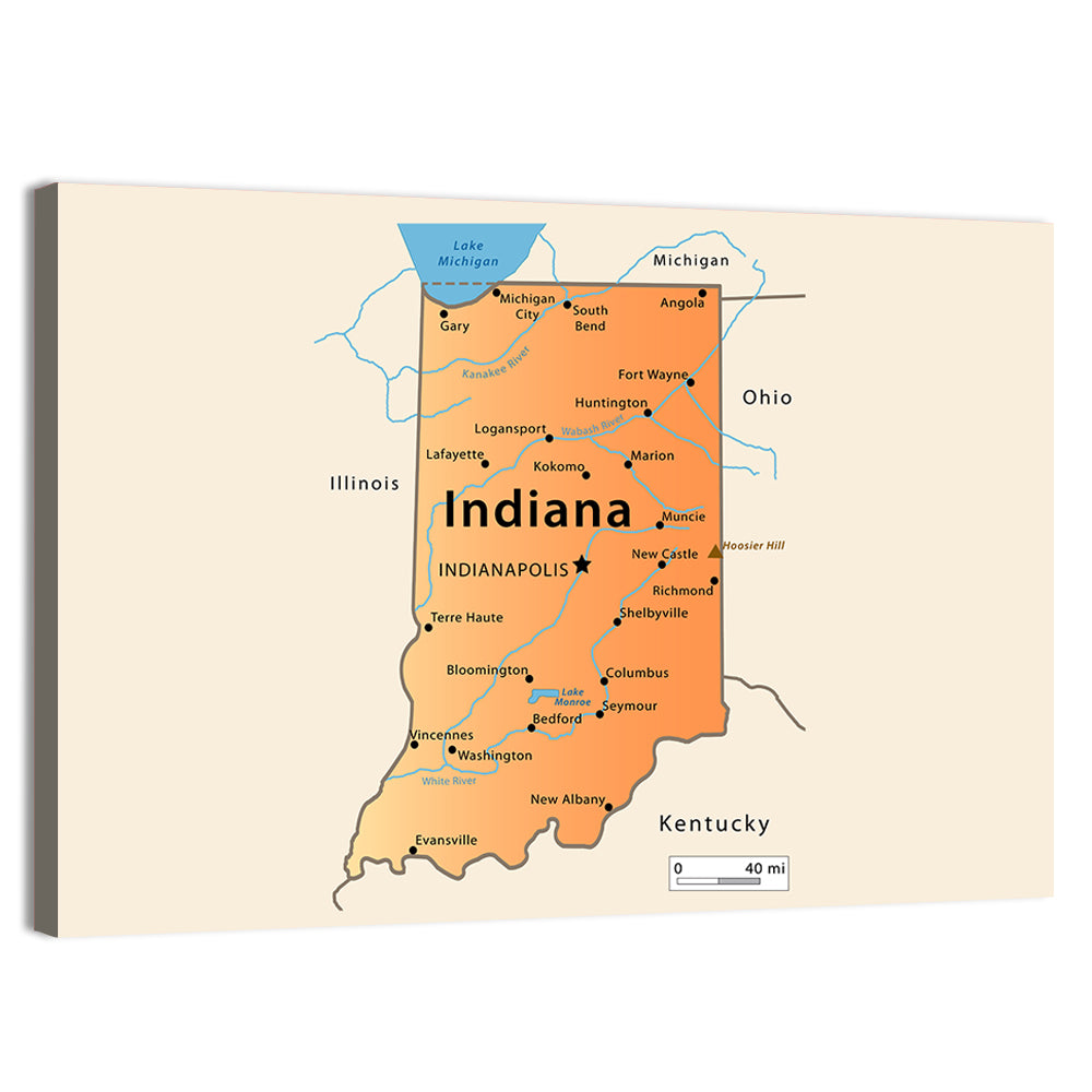 Indiana State Map Wall Art, canvas print, landscape