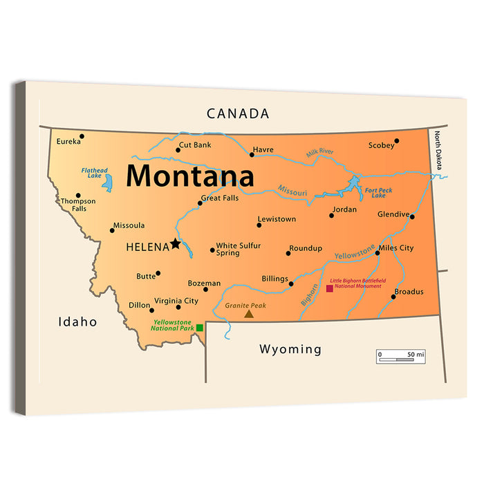 Montana State Map Wall Art as a canvas print