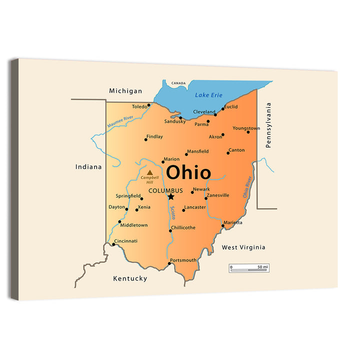 Ohio State Map Wall Art as a canvas print