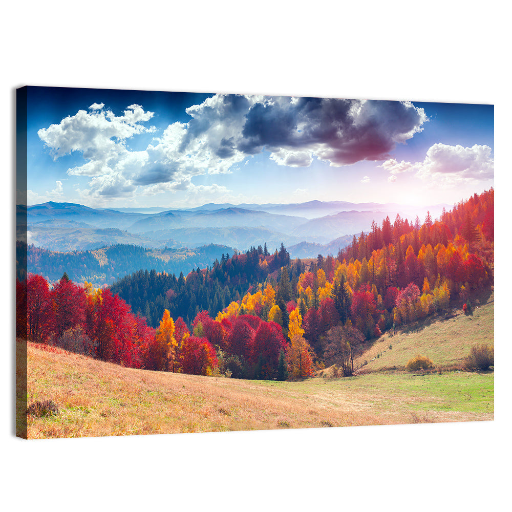 Carpathian Autumn Sunburst Ukraine Wall Art, canvas print, landscape