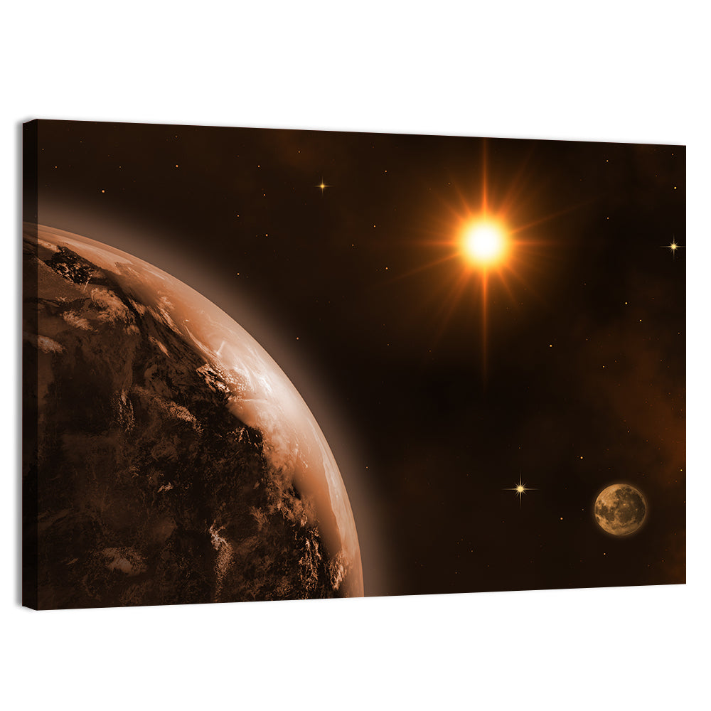 Crescent Planet with Golden Star and Moon Wall Art, canvas print, landscape