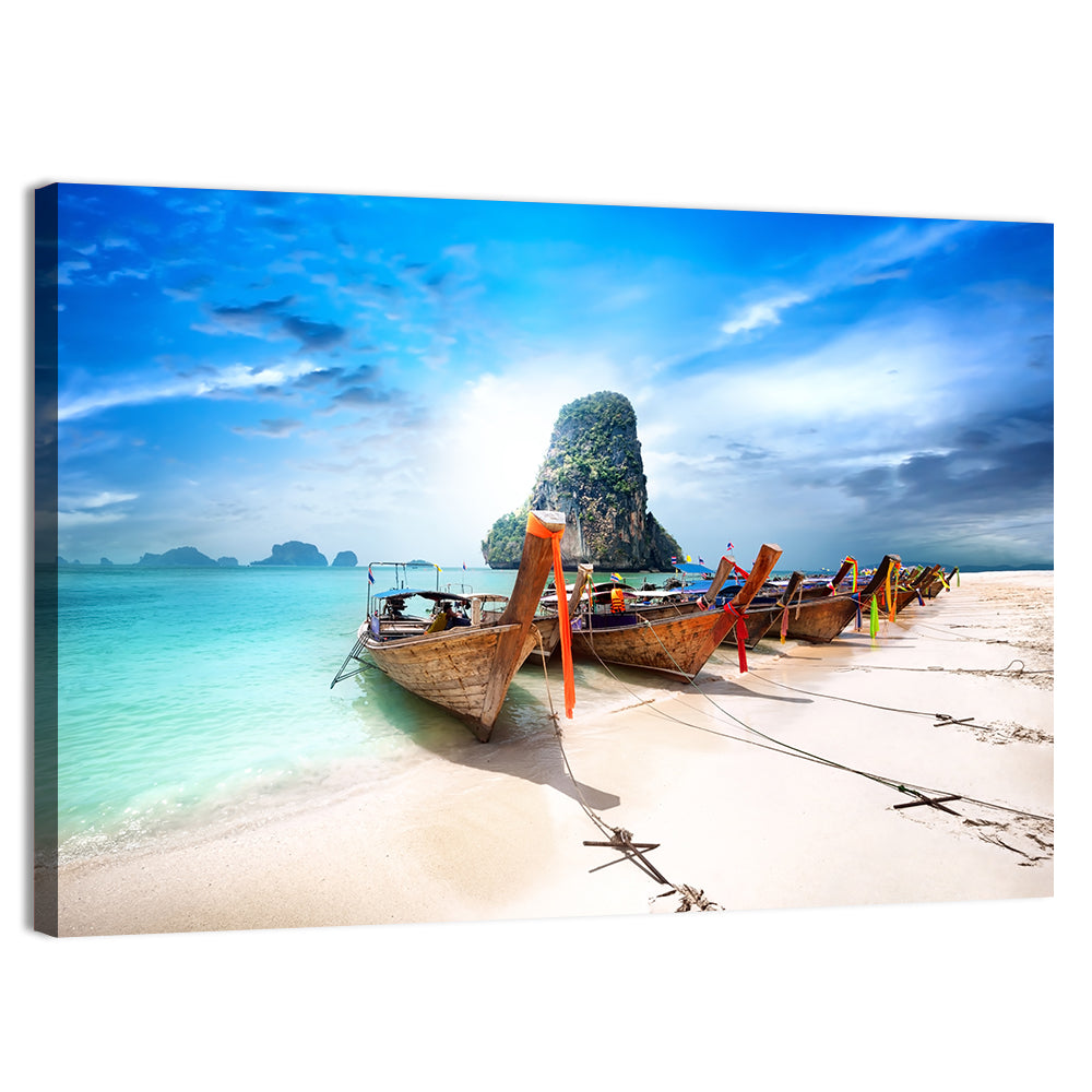 Railay Beach Long-tail Boats Wall Art, canvas print, landscape