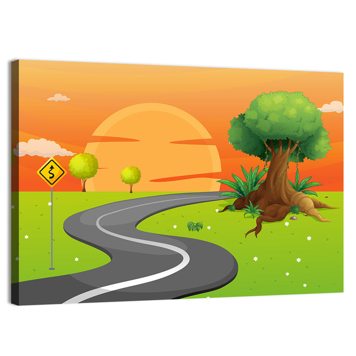 Winding Road Sunset Illustration Wall Art as a canvas print