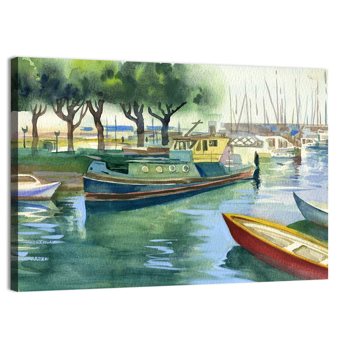Watercolor Harbor Boats Wall Art as a canvas print