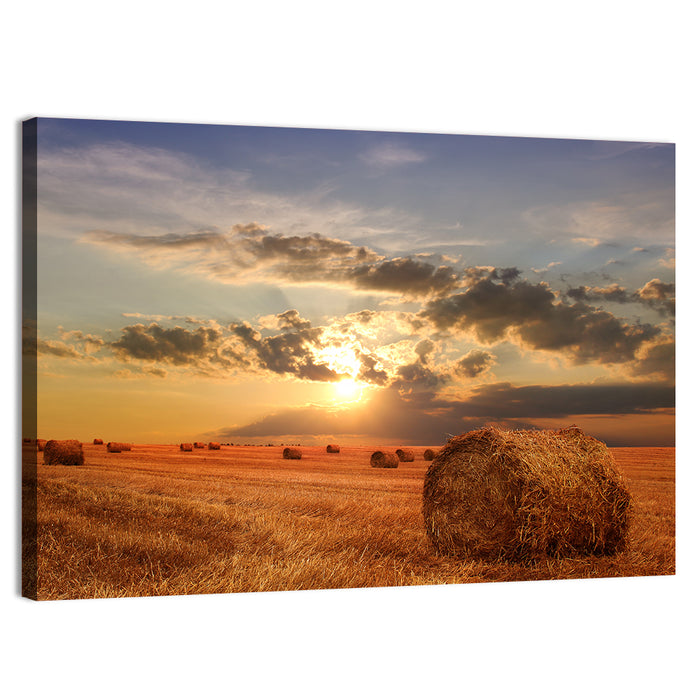 Golden Hour Hay Bale Wall Art as a canvas print