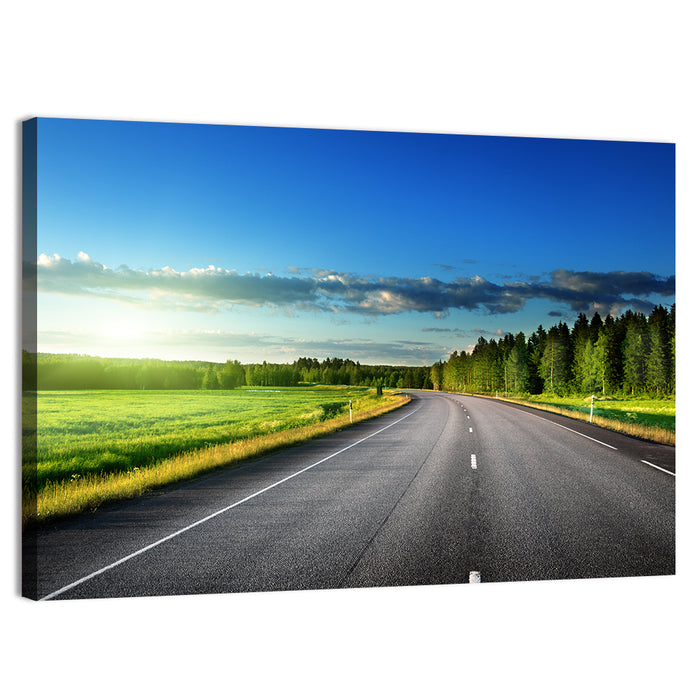 Curved Asphalt Road Through Forest Wall Art as a canvas print