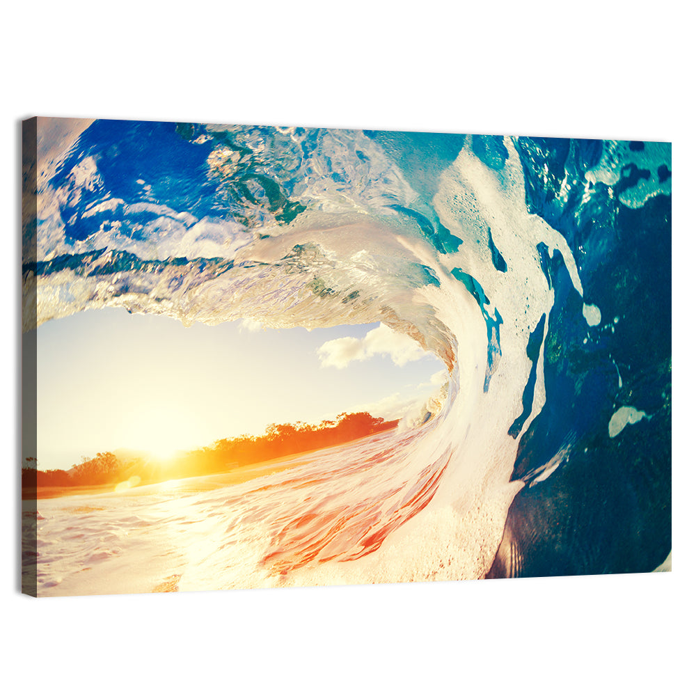 Blue Barrel Wave at Sunset Wall Art, canvas print, landscape