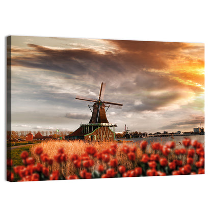 Dutch Windmill with Red Tulips Wall Art