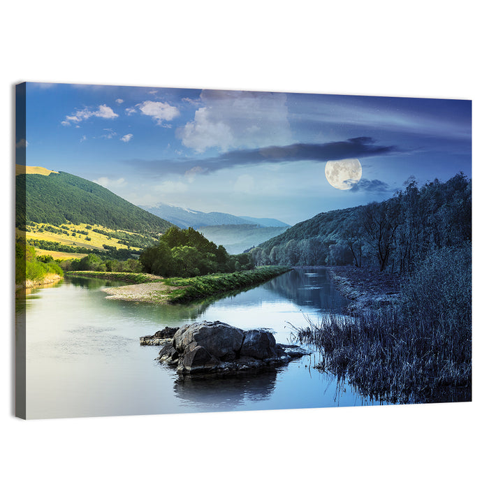 Moonlit Mountain River Wall Art as a canvas print