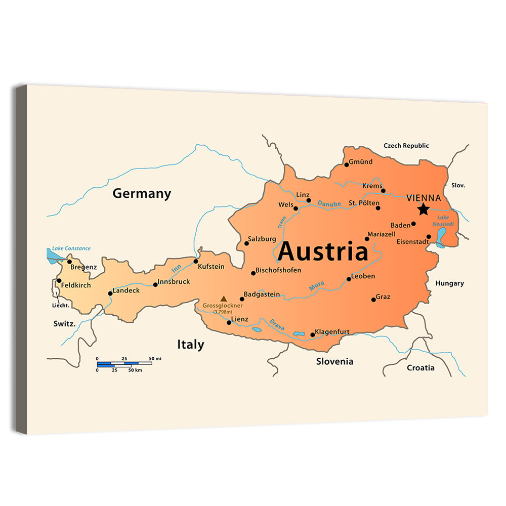 Austria Topographic Map Wall Art, canvas print, landscape
