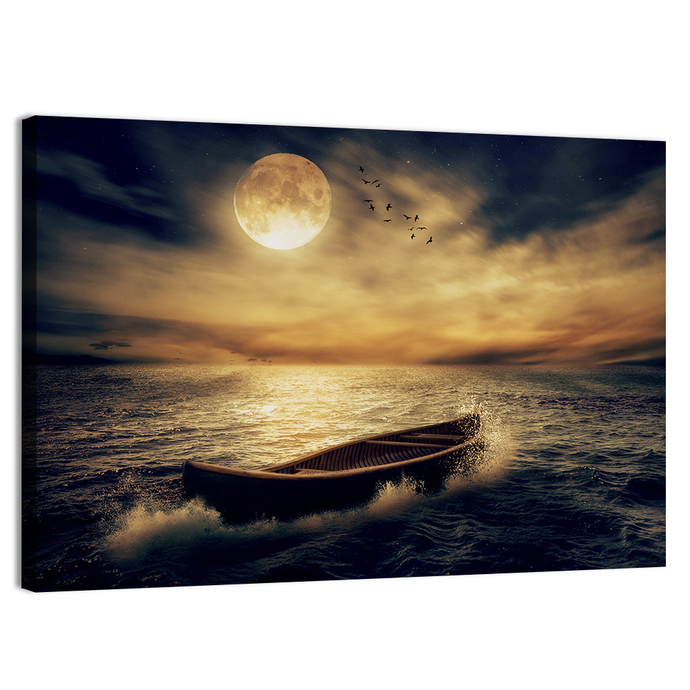 Moonlit Boat in Stormy Ocean Wall Art, canvas print, landscape