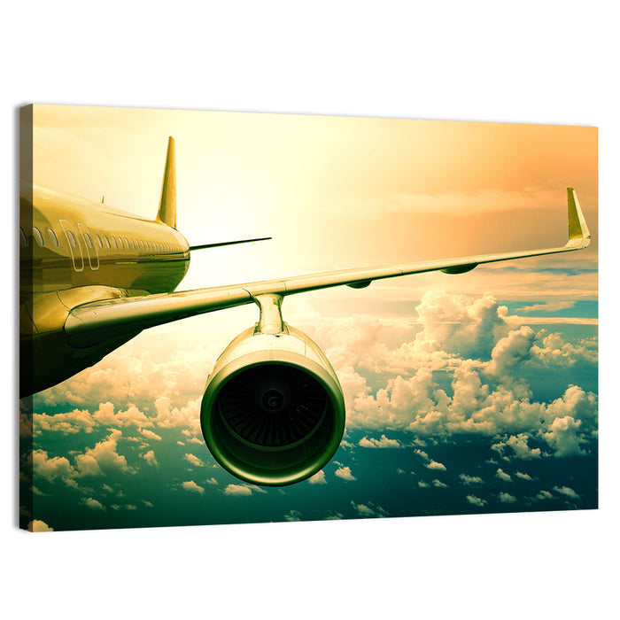 Passenger Jet Wing at Sunset Wall Art as a canvas print