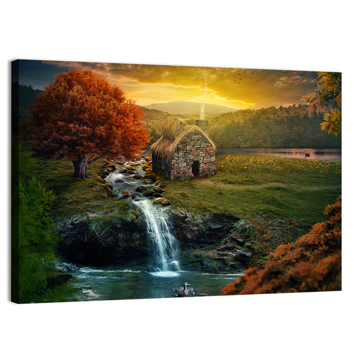 Thatched Cottage by Mountain Stream Wall Art as a canvas print