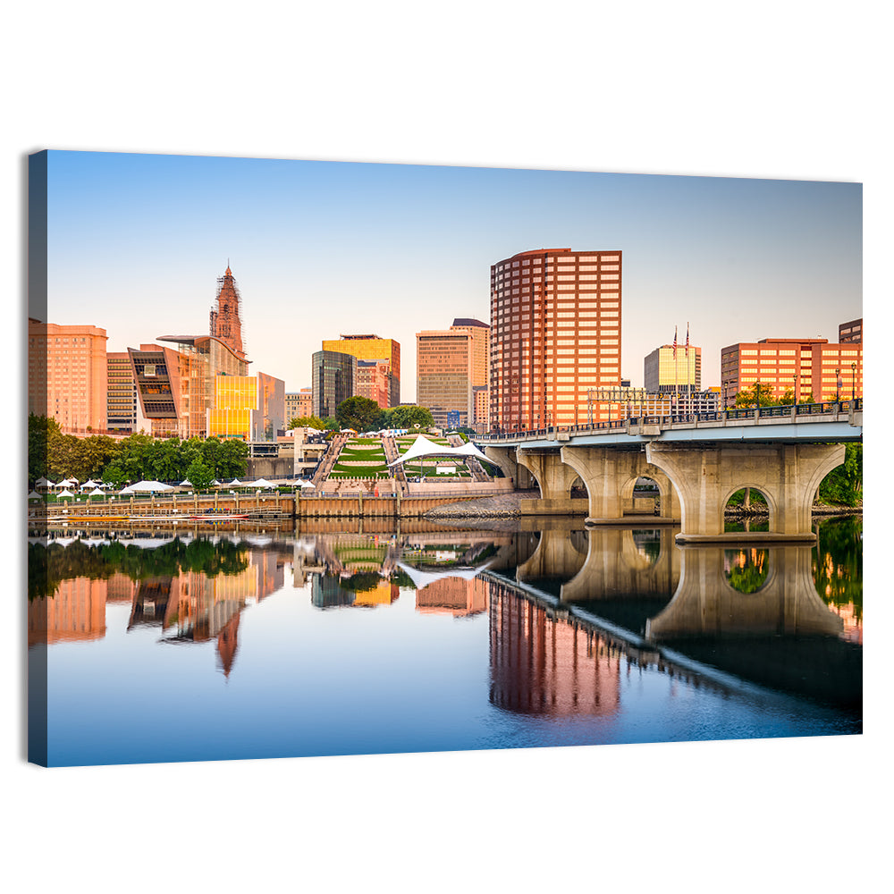 Hartford Skyline with River Reflection Wall Art, canvas print, landscape