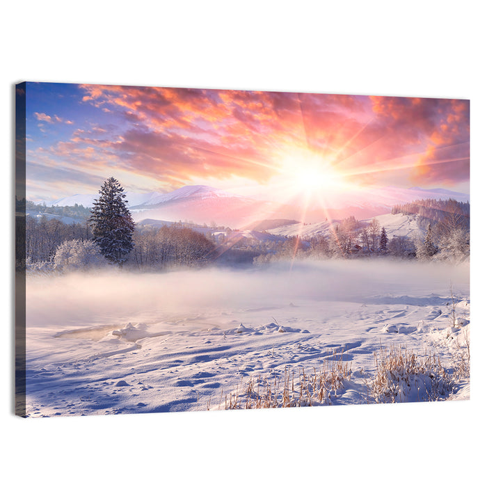 Sunrise Over Snowy Mountain Village Wall Art as a canvas print