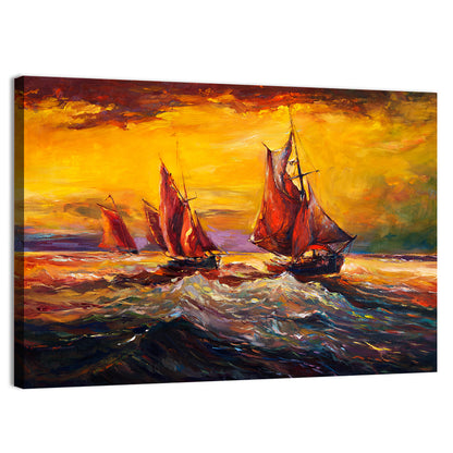 Three Sailboats at Sunset Wall Art