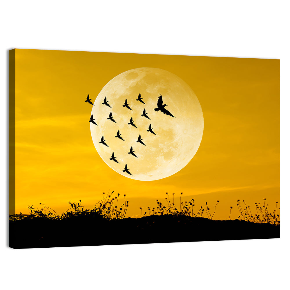 Moonlit Birds Over Wildflowers Wall Art, canvas print, landscape