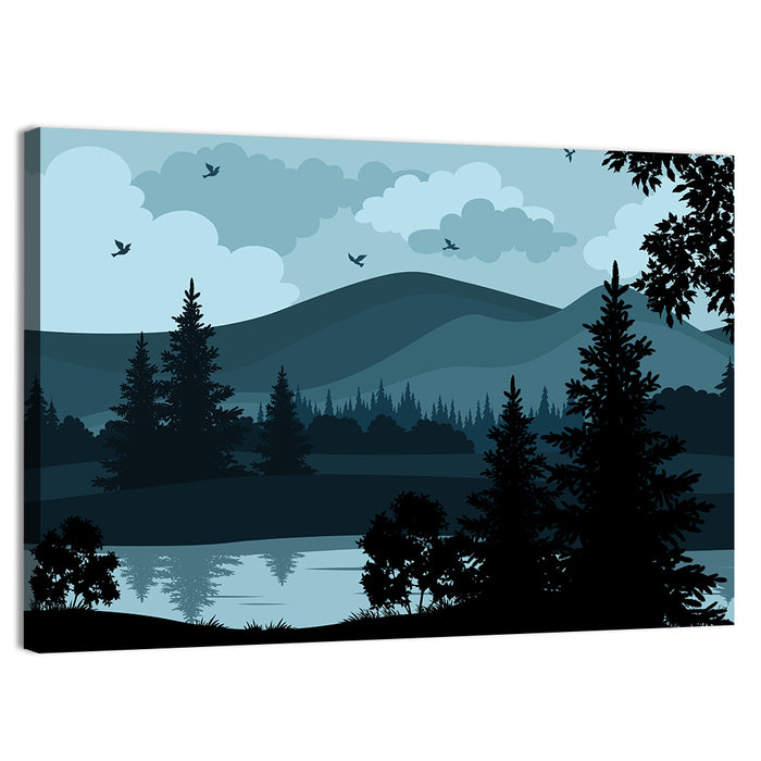 Flying Birds Over Mountain Lake Wall Art as a canvas print