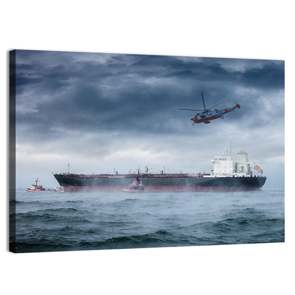 Rescue Helicopter Over Cargo Ship Wall Art