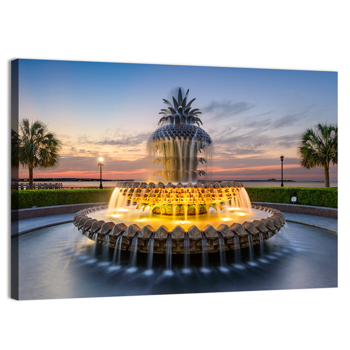 Charleston Pineapple Fountain at Dusk Wall Art as a canvas print