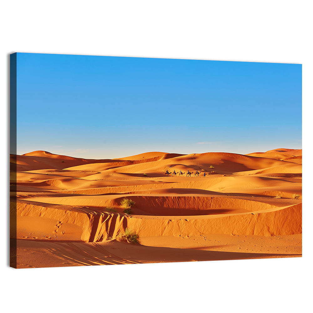 Sunlit Sahara Dunes with Camel Caravan Wall Art