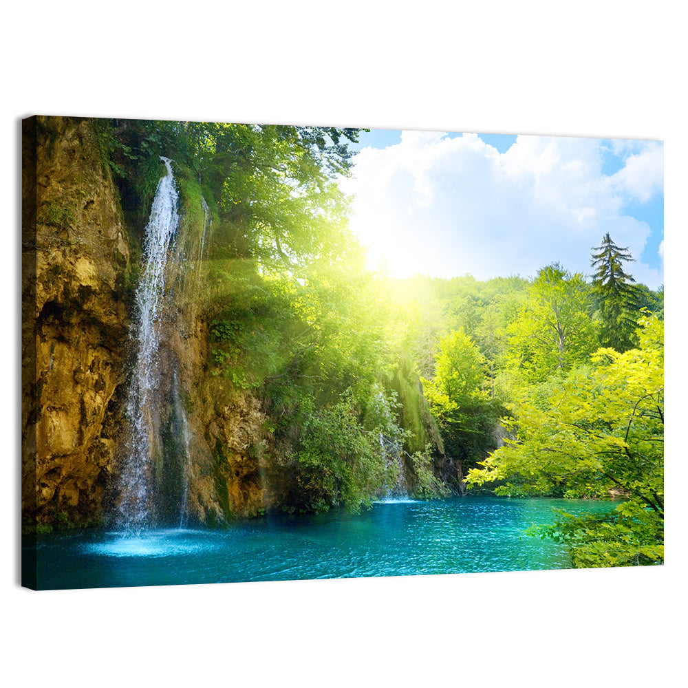Forest Waterfall at Sunlit Lake Wall Art, canvas print, landscape