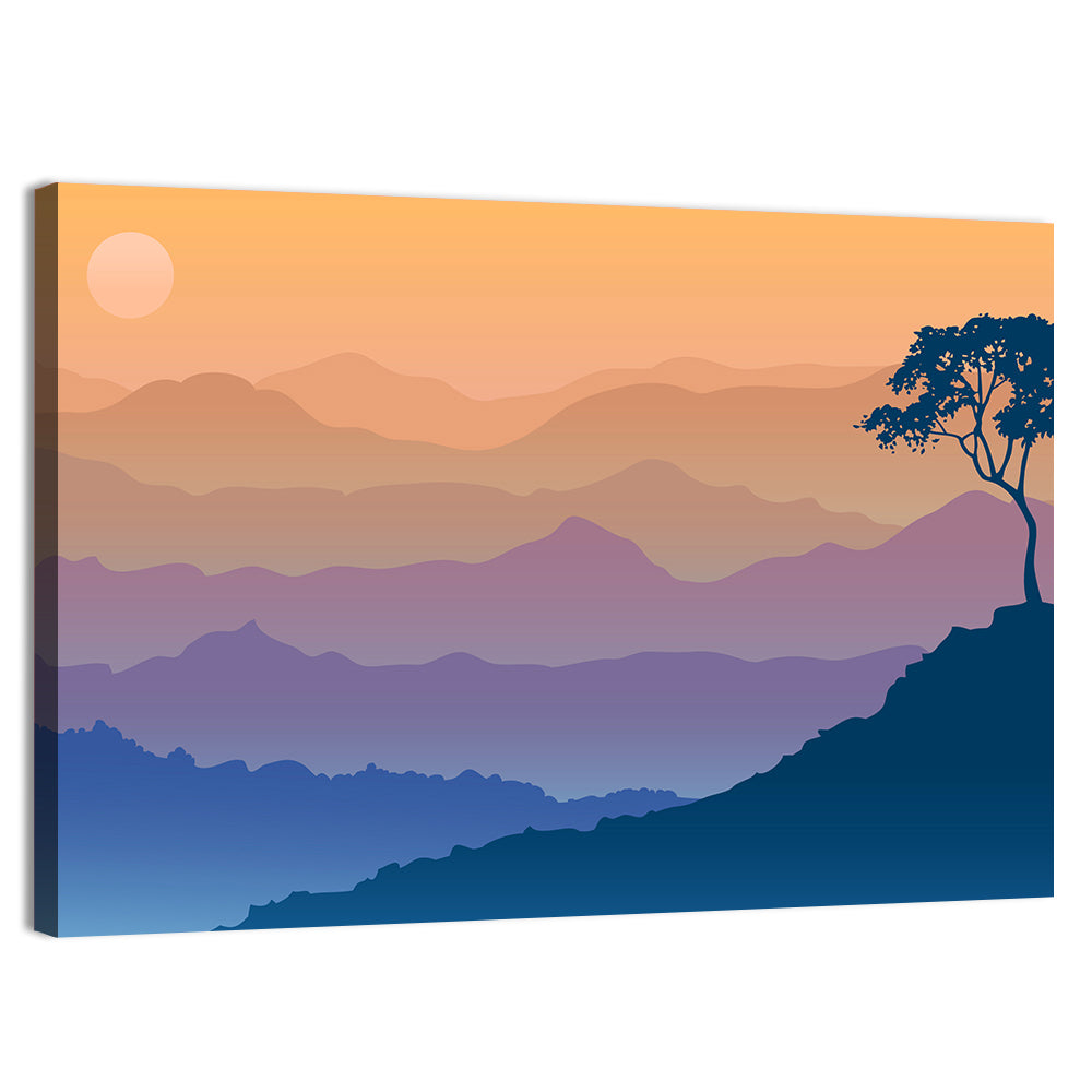 Layered Mountain Sunrise with Tree Silhouette Wall Art, canvas print, landscape