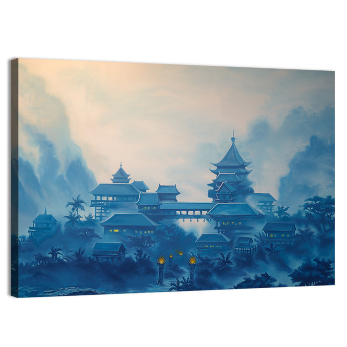 Misty Chinese Mountain Temple Wall Art as a canvas print