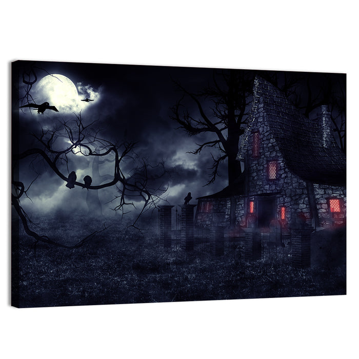 Haunted House Under Full Moon Wall Art as a canvas print