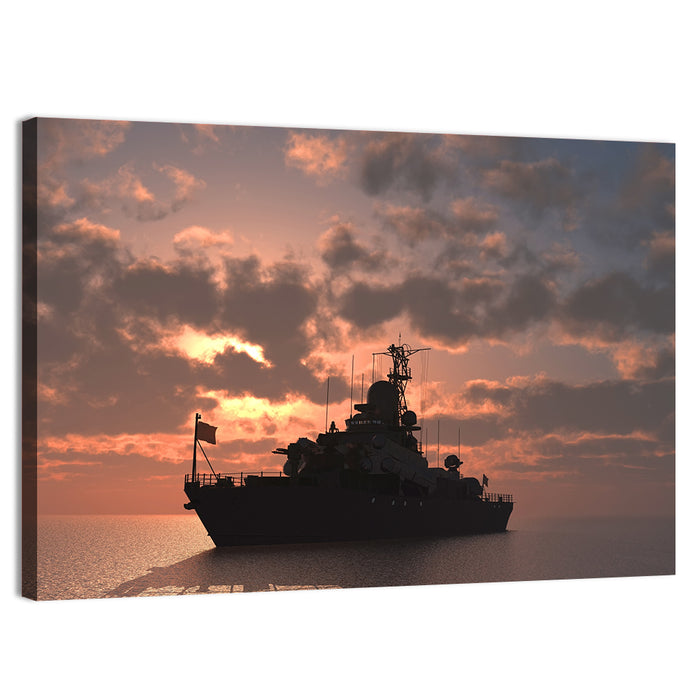 Warship Silhouette at Sunset Wall Art as a canvas print