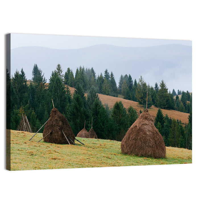 Haystacks in Mountain Village Wall Art as a canvas print