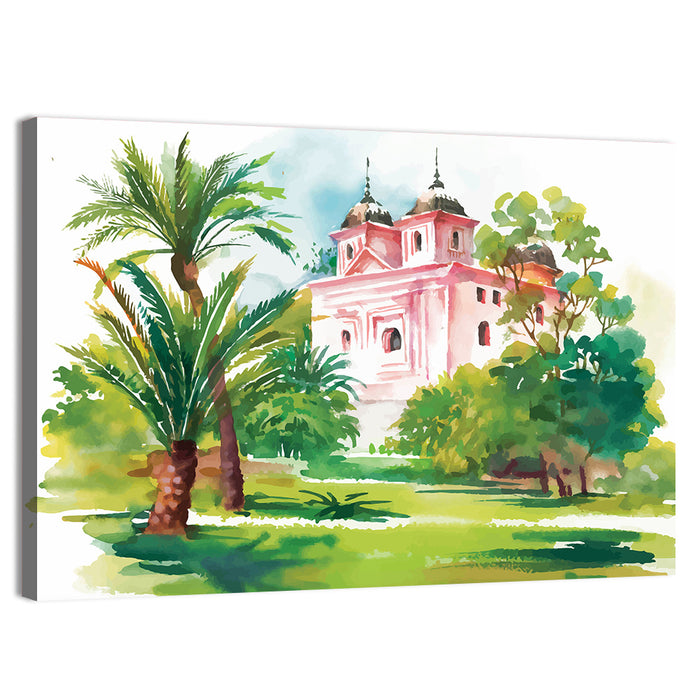 Pink House in Garden Illustration Wall Art as a canvas print