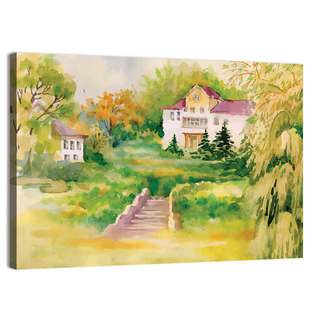 Hilltop House in Garden Illustration Wall Art, canvas print, landscape