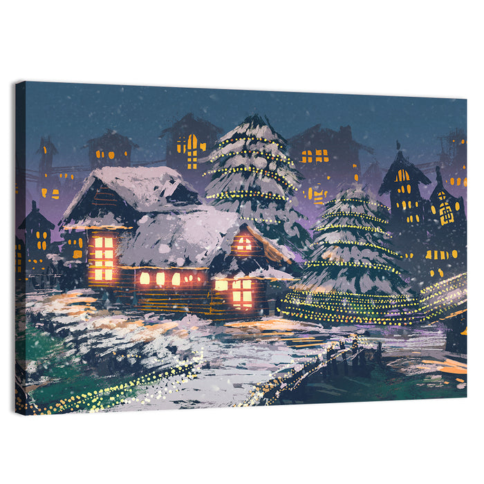 Christmas Night Village Scene Wall Art as a canvas print