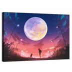 Woman and Dog Beneath Oversized Moon Wall Art