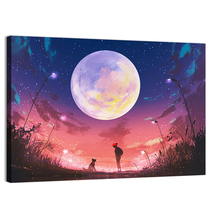 Woman and Dog Beneath Oversized Moon Wall Art as a canvas print