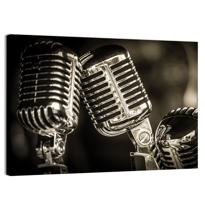 Three Vintage Studio Microphones Wall Art as a canvas print