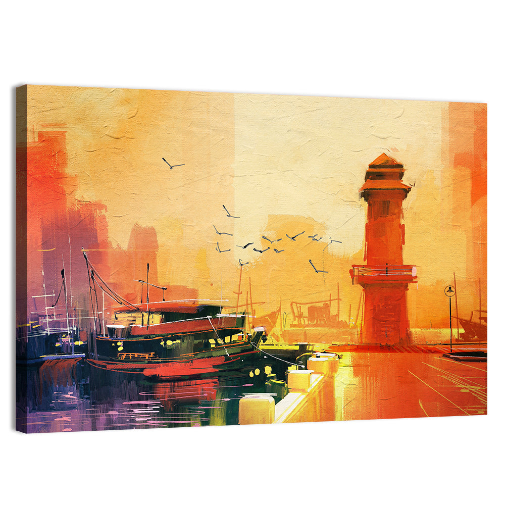 Golden Harbor Lighthouse and Fishing Boat Wall Art