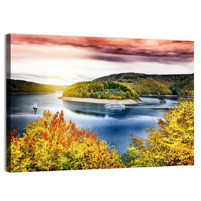 Autumn Sunset Over Lake with Boat Wall Art as a canvas print