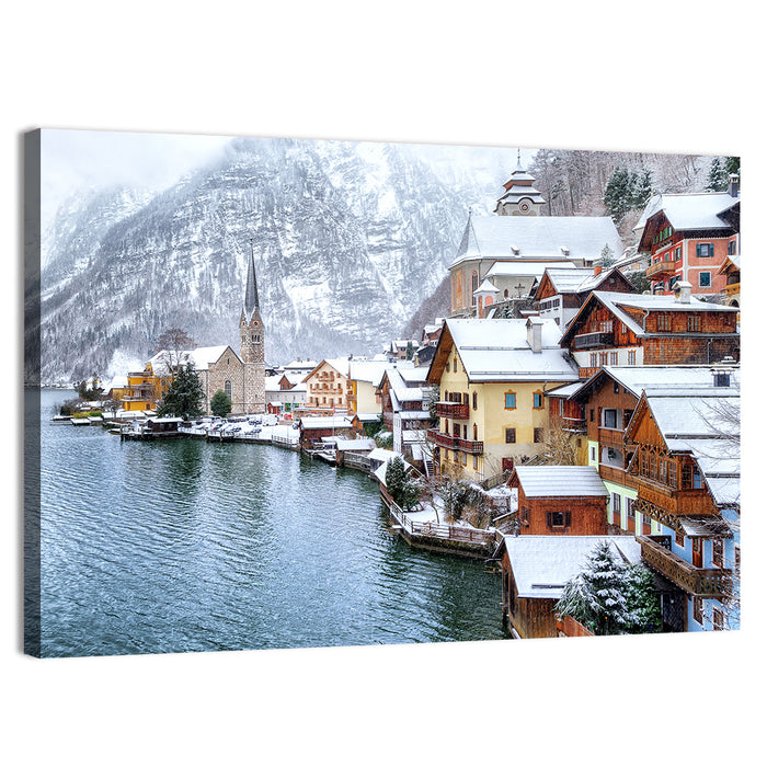 Hallstatt Winter Lakefront Wall Art as a canvas print