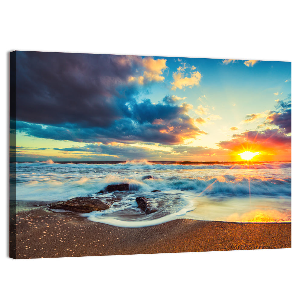 Sunrise Cloudscape Over Rocky Shore Wall Art, canvas print, landscape