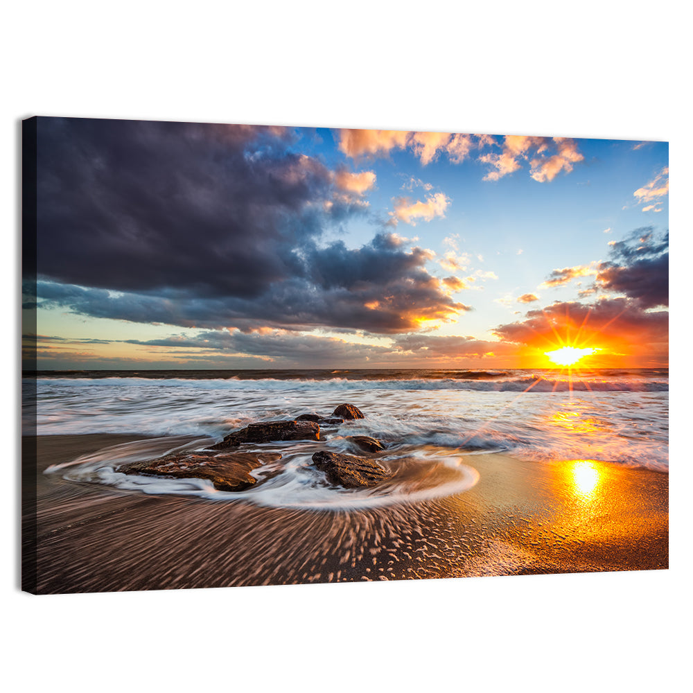 Sunrise Over Rocky Shore Wall Art, canvas print, landscape