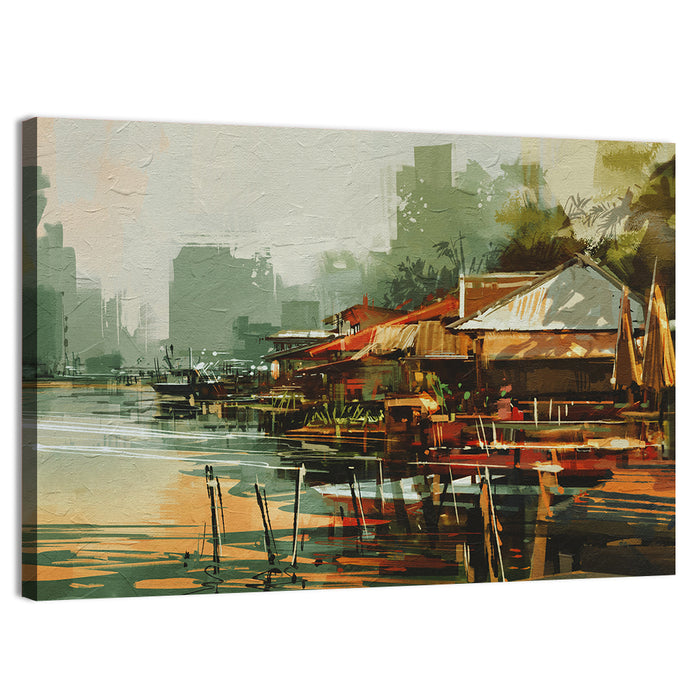 Old Fishing Village Watercolor Wall Art as a canvas print