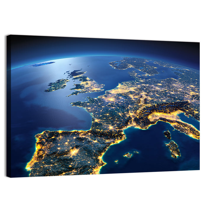 Night View of Earth Over Europe Wall Art as a canvas print