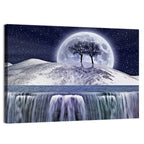 Moonlit Snowy Mountain Waterfall Wall Art
