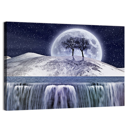 Moonlit Snowy Mountain Waterfall Wall Art