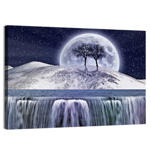 Waterfall & Snowy Mountain In Moonlight Wall Art