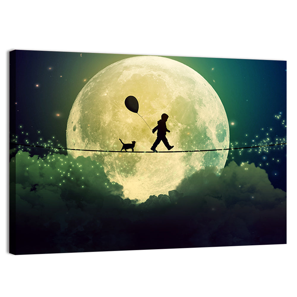 Happy Boy and Cat Under Moonlight Wall Art, canvas print, landscape