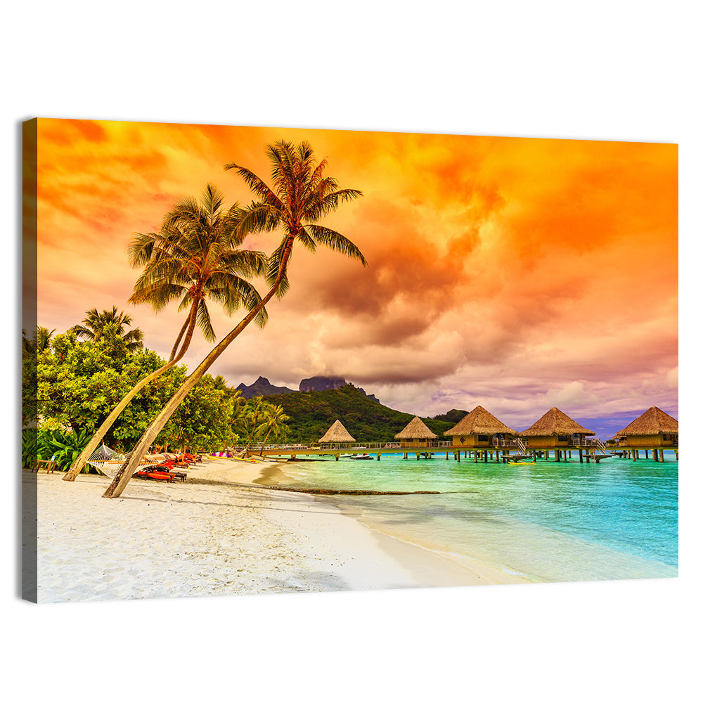 Bora Bora Overwater Bungalows at Sunset Wall Art, canvas print, landscape